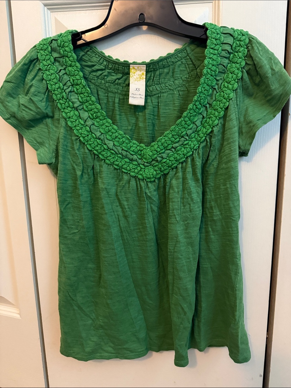 Anthropologie Green Crochet-Trim Short Sleeve